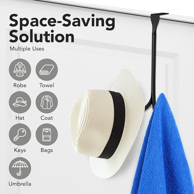 2-Pack Over The Door Hooks - with 2 Hang Heads & Snug Fit Pads Heavy Duty Hook for Hanging Coats, Towels, Caps & Robes - Elegant Matt Finish - No Drill Hanger Organizer - Black
