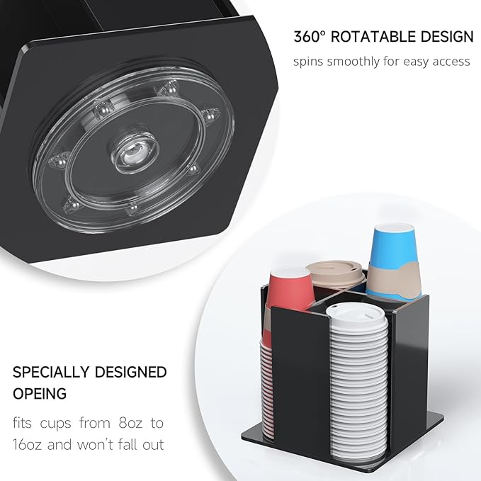 Cup and Lid Holder, 4 Compartment, Square | Rotating Coffee Cup Dispenser Lid Carousel for Restaurant, Buffet, Coffee Station, Bar, Countertop, Black Acrylic-NeatNest