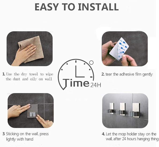 HANZE 2 Pack Stainless Steel Mop Broom Holder Organizer, Self Adhesive Wall Mounted Mop Organizer Storage Rack Clip for Kitchen Bathroom and Garage (Rectangle, Large)-NeatNest