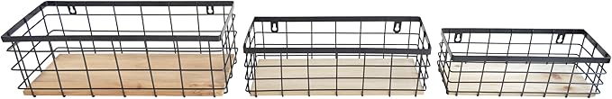 Metal Wire Basket Detachable Wood Base Storage Organizer Farmhouse Bin for Kitchen Cabinets, Bathroom, Pantry, Laundry Room, Closets Set of 3,Black Color