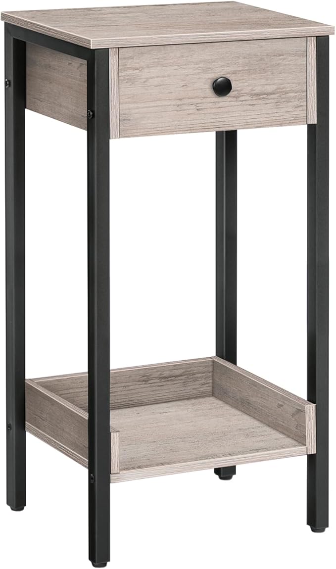 HOOBRO Tall End Table, Nightstand, Industrial Side Table with Drawer and Storage Shelf, for Study, Bedroom, Space Saving, Greige and Black BG71BZ01