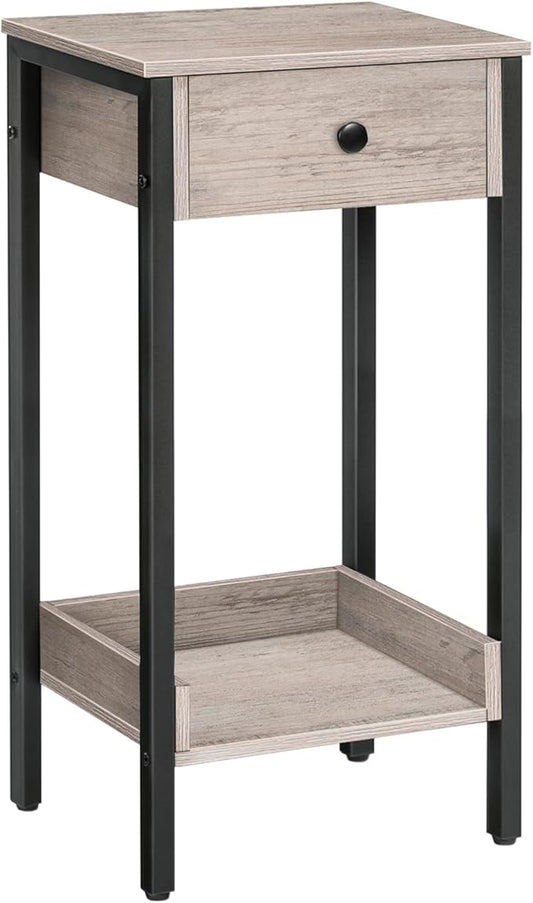 HOOBRO Tall End Table, Nightstand, Industrial Side Table with Drawer and Storage Shelf, for Study, Bedroom, Space Saving, Greige and Black BG71BZ01