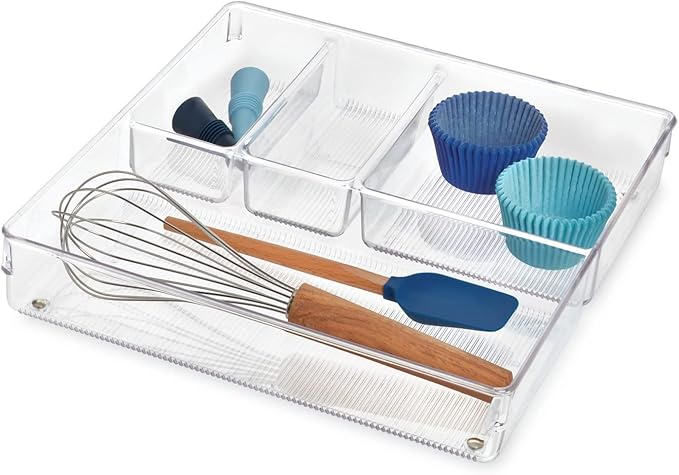 iDesign Linus Kitchen Drawer Organizer for Silverware, Spatulas, Gadgets - 12" x 12" x 2", Clear-NeatNest