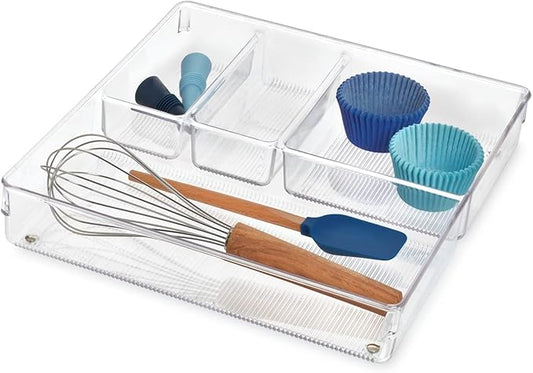 iDesign Linus Kitchen Drawer Organizer for Silverware, Spatulas, Gadgets - 12" x 12" x 2", Clear-NeatNest