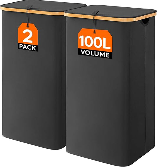 Lifewit 100L Laundry Basket with Lid, Clothes Hampers for Laundry with Bamboo Handles and A Removable Laundry Bag, Large Foldable Laundry Hamper for Bedroom, Bathroom, Dorm, Black, 2 Pack-NeatNest