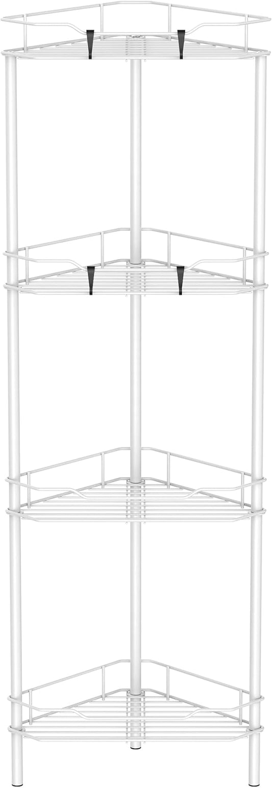 4 Tier Floor Standing Corner Shower Caddy Organizer Shelf with Hooks, Bathroom Shelves Stand Rack, White
