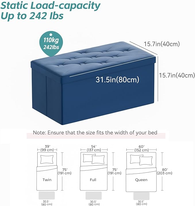 BRIAN & DANY Folding Storage Ottoman Bench, Ottoman with Storage, Foot Rest, Benches Seat for Bedroom, Living Room, Entryway, Long Shoes Bench, 15.7" x 31.5" x 15.7" Blue-NeatNest