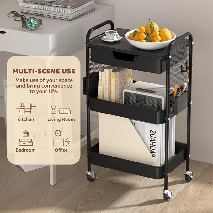 3 Tier Rolling Cart with Drawer, Metal Rolling Utility Cart on Wheels with Pegboard, Art Cart Storage Organizer with Tabletop for Living Room, Office, Bedroom (Black)-NeatNest