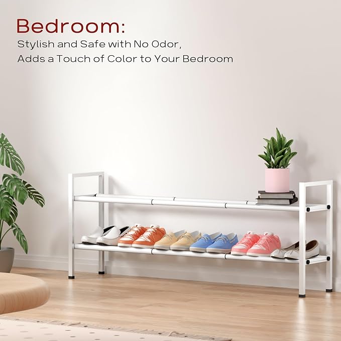 Bumusty 2-Tier Long Expandable Shoe Rack for Closet, 18"-44" Adjustable Shoe Rack for Entryway, 10-12 Pairs Large Shoe Organizer Shelf Storage, Sturdy Metal, White-NeatNest