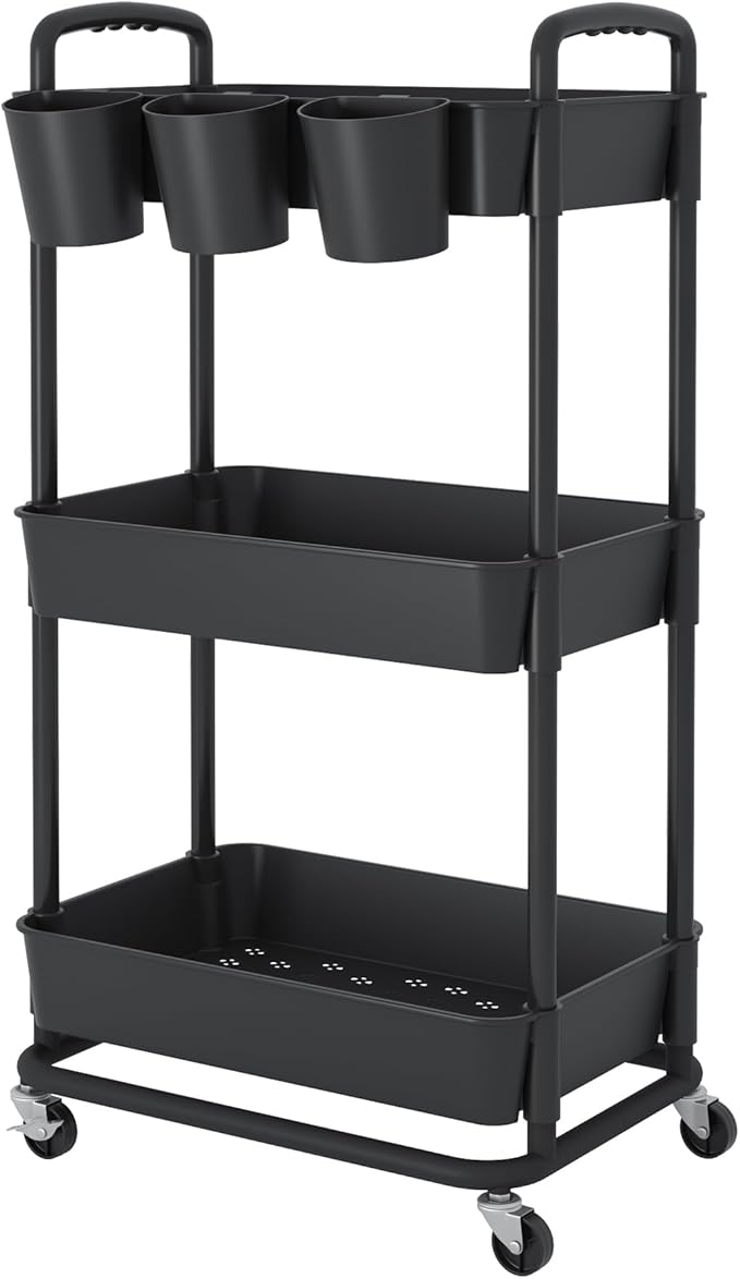 JIUYOTREE 3-Tier Plastic Rolling Storage Cart Utility Cart with Extra Hanging Cups Handles Lockable Wheels for Living Room Bathroom Kitchen Office Black-NeatNest