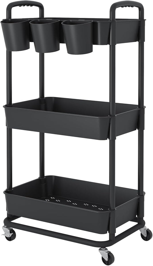 JIUYOTREE 3-Tier Plastic Rolling Storage Cart Utility Cart with Extra Hanging Cups Handles Lockable Wheels for Living Room Bathroom Kitchen Office Black-NeatNest