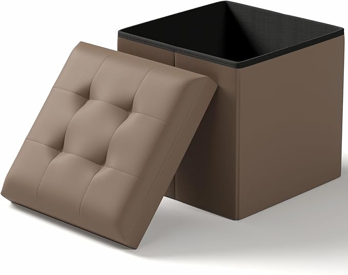 Folding Storage Ottoman Bench, Multi-Functional Ottoman Footrest, End of Bed Bench, Storage Chest for Living Room, Bedroom, Hallway, Entryway, Holds Up to 700 lbs (Brown, 15 Inches)