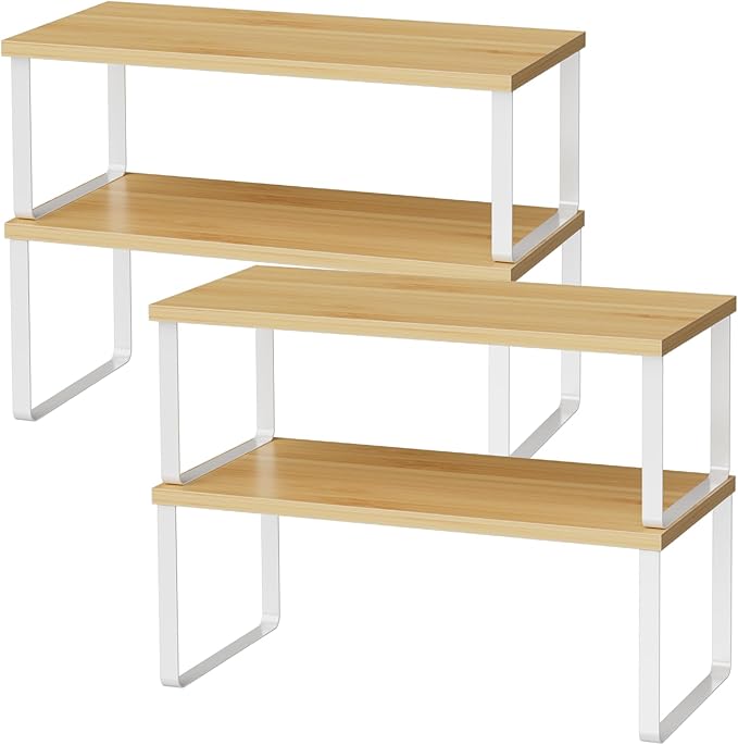 Cabinet Shelf Organizers, 15.7 inches Large Kitchen Counter Shelf, Set of 4 Wood Kitchen Pantry Organizer, Storage Shelves for Countertop, Spice Rack, Stackable, Expandable, Metal White, Nature-NeatNest
