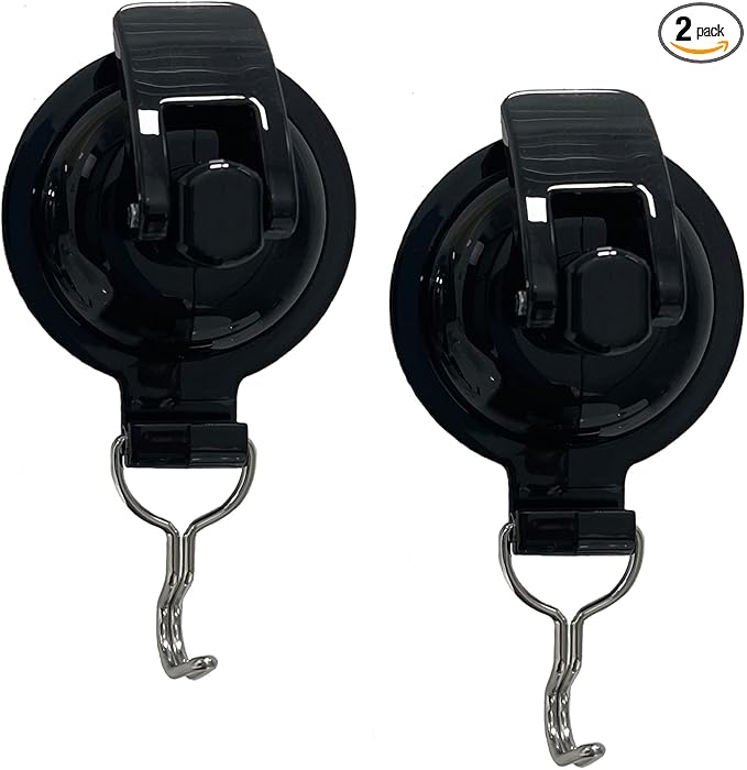 Heavy Duty Shower Hooks - Glass Suction Cup, Bathroom Robe Hooks (2 Pack, Round Black)