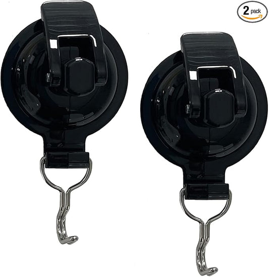 Heavy Duty Shower Hooks - Glass Suction Cup, Bathroom Robe Hooks (2 Pack, Round Black)