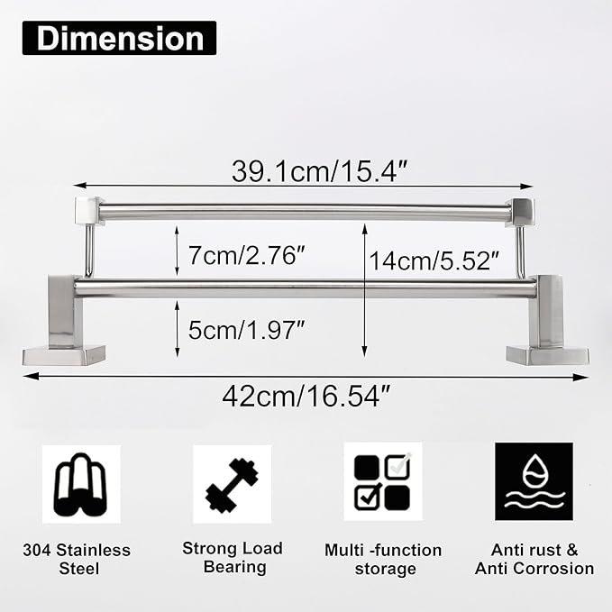 TocTen Double Bath Towel Bar - Thicken SUS304 Stainless Steel Towel Rack for Bathroom, Bathroom Accessories Double Towel Rod Heavy Duty Wall Mounted Square Towel Holder(Brushed Nickel, 16 INCH)