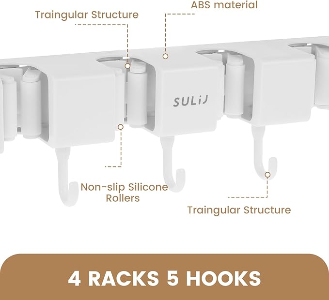 2Pcs Mop Holder with Hooks Wall Mounted Mop and Broom Holder Punch Free Broom Organizer Space Saving Broom Hanger Mop Clip Holder Hanging Mop and Broom Storage for Bathrooms Home,White (2)