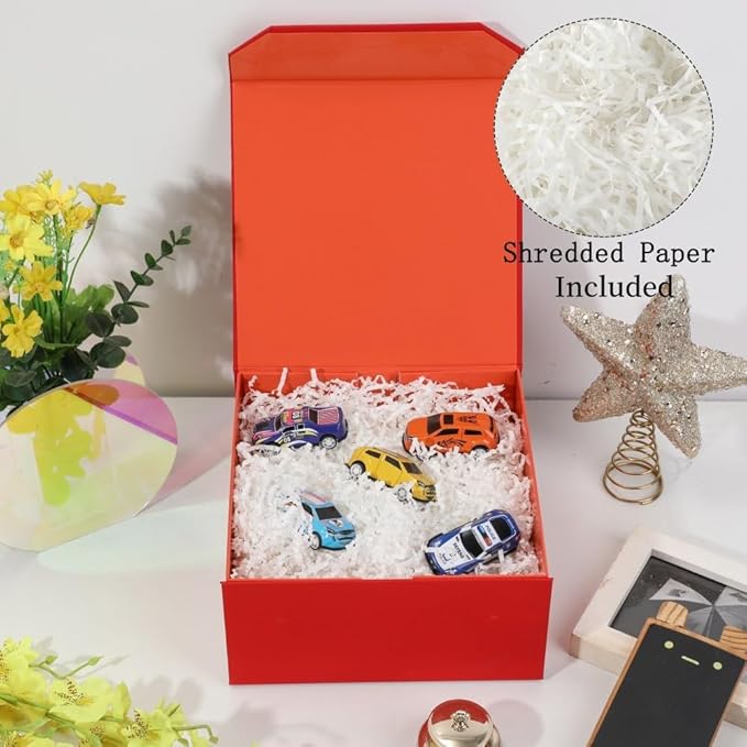 6 Pcs Small Red Gift Box 8x8x4 Inch Magnetic Gift Box Small Magnetic Box with Crinkle Paper Red Small Gift Box with Shredded Paper Luxury Gift Boxes with Lids for Presents-NeatNest