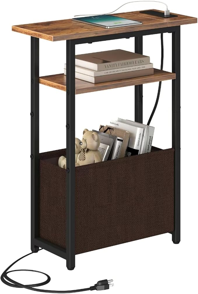 Narrow Side Table with Charging Station, Small End Table for Small Spaces, Skinny Nightstands with Storage Basket, 3 Tier Sofa Couch Bedside Tables for Living Room,Bedroom, Rustic Brown