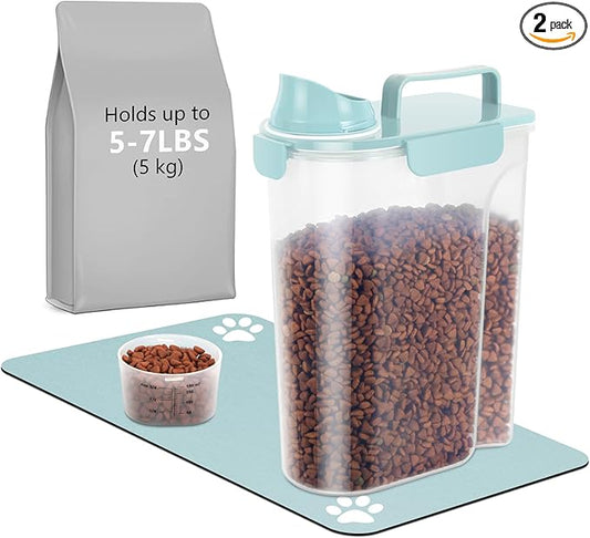 Dog Cat Storage Container Portable with Upgraded Large Spout and Cup, Plastic Pet Food Dispenser for Small Animal Kibble, Bird Seed, Oatmeal, Rice, Flour (2, Sky Blue, 5L (+ Pet mat))-NeatNest