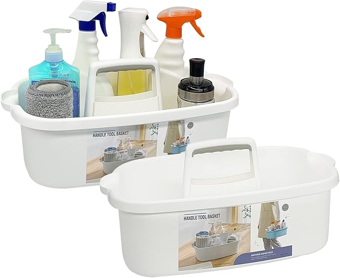 2 Pack Multi-Purpose Plastic Cleaning Caddy with Handle, Shower Caddy Organizer/Storage Basket/Totes Portable for Bathroom Supplies, Cleaning Products, Under Sink Tool, Housekeepers(White2)-NeatNest