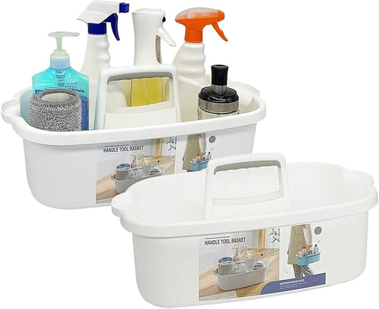 2 Pack Multi-Purpose Plastic Cleaning Caddy with Handle, Shower Caddy Organizer/Storage Basket/Totes Portable for Bathroom Supplies, Cleaning Products, Under Sink Tool, Housekeepers(White2)-NeatNest
