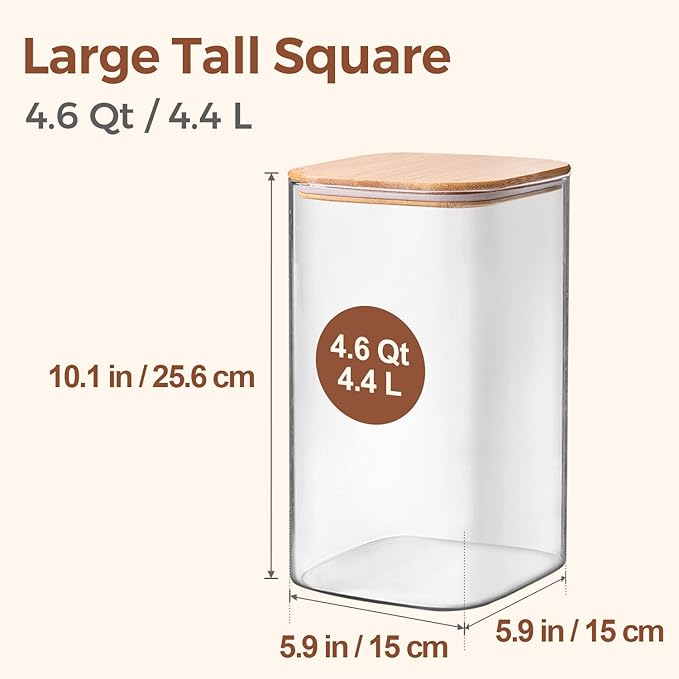 ComSaf 4.6Qt Glass Food Storage Containers, 1.2 Gallon Glass Flour and Sugar Containers with Airtight Lids, Large Square Jars with Bamboo Lids for Rice, Pasta, Oats, Grains, Cookies, Coffee Beans-NeatNest