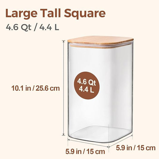 ComSaf 4.6Qt Glass Food Storage Containers, 1.2 Gallon Glass Flour and Sugar Containers with Airtight Lids, Large Square Jars with Bamboo Lids for Rice, Pasta, Oats, Grains, Cookies, Coffee Beans-NeatNest