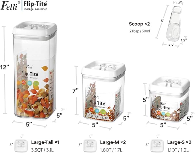 Felli Flip Tite Food Storage Container 5" LARGE 5pk Set + No Residue Label, Airtight Lid Easy Lock Top Stackable, Plastic Canister Jar for Pantry Kitchen Fridge Organizer Pasta Protein Powder Spice-NeatNest
