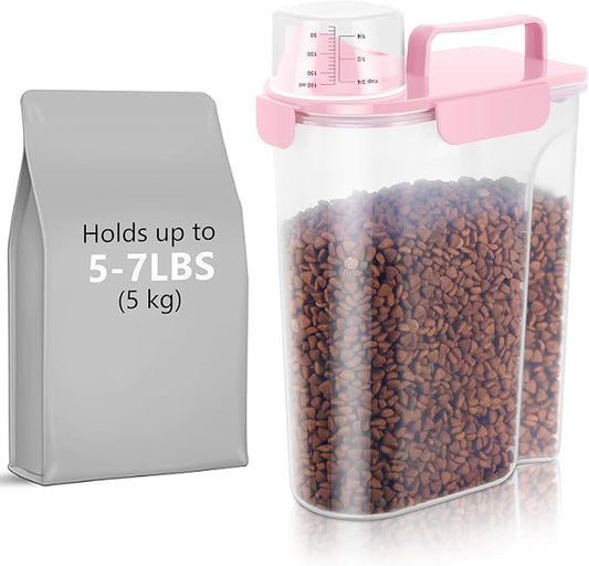 5-7Lbs Dog Cat Food Storage Container with Upgraded Large Nozzle BPA-free, 4 Snap Seals Plastic Pet Food Storage Containers with Handles (1, Light Pink, 5L)-NeatNest