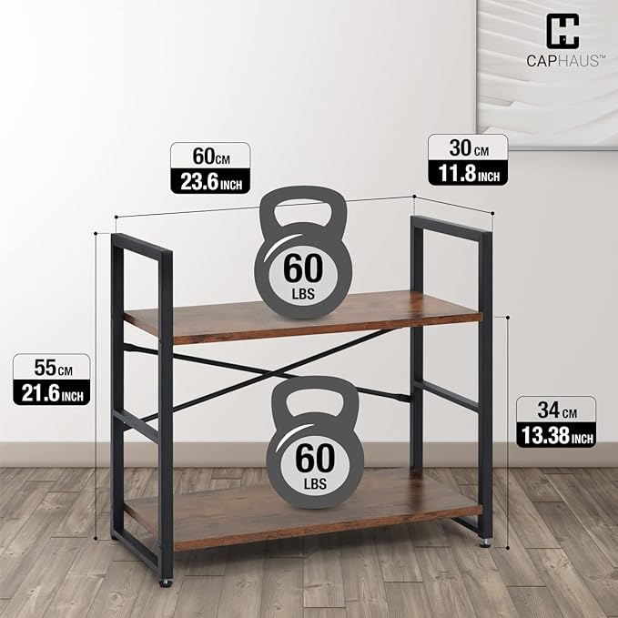CAPHAUS 2 Tier Small Bookshelf, 24 Inch Width Free Standing Shelf, Bookcase Shelf Storage Organizer, Industrial Book Shelves for Home Office, Living Room, Rustic Oak Vintage Shelves & Metal Frame-NeatNest