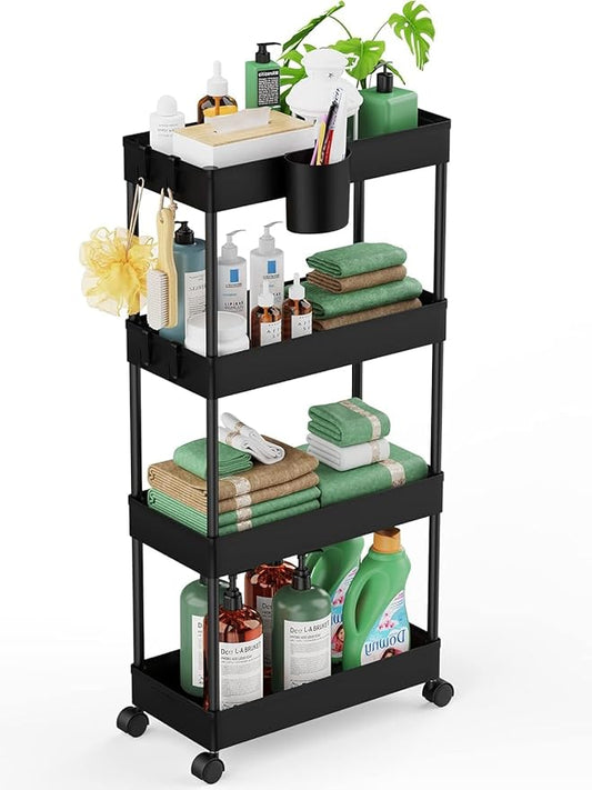 LEHOM Slim Rolling Storage Cart - 4 Tiers Bathroom Organizer Utility Cart Slide Out Storage Shelves Mobile Shelving Unit for Kitchen, Bedroom, Office, Laundry Room, Small Narrow Spaces Black