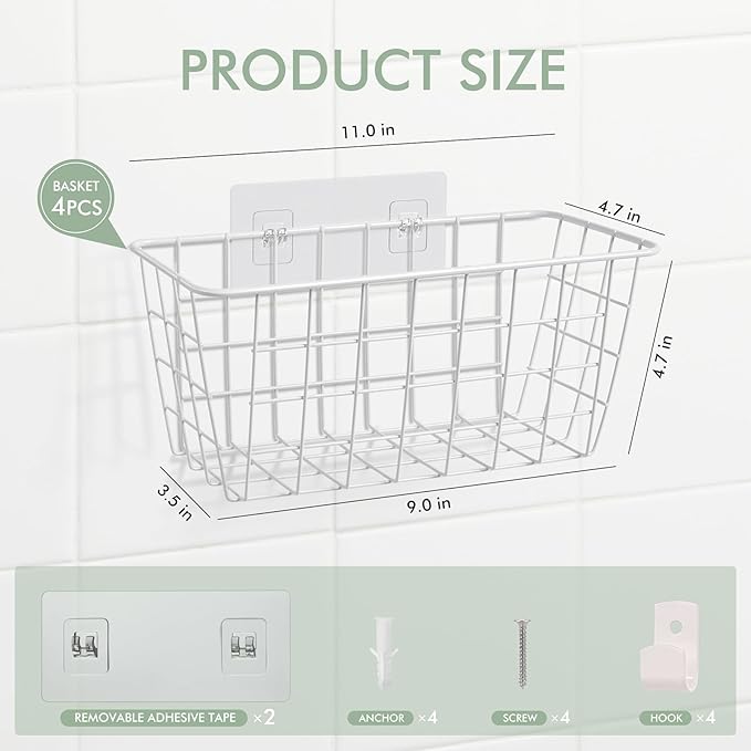 LIGHT DUST Wire Hanging Wall Basket, 4 White Baskets Set, Adhesive Wall Mount Organizer for Pantry Kitchen RV Bathroom Cabinet Storage Organization-NeatNest