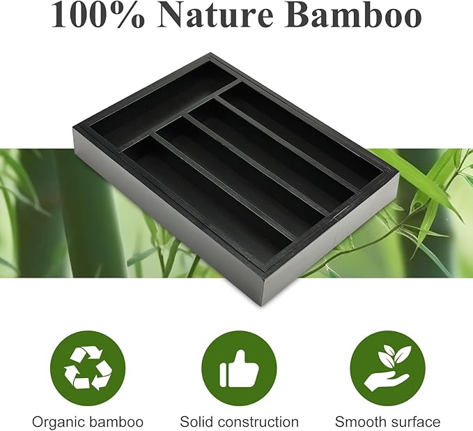 Black Bamboo Kitchen Silverware Organizer Tray Expandable Large Utensil Holder Drawer Divider Organizers Storage Adjustable Cutlery Utensil Tray Spoon Holder Wooden Flatware Organizer for Drawer-NeatNest