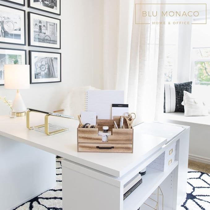 BLU MONACO Natural Wooden Office Supplies Desk Organizer with Drawer - Accessories for Women - Desktop Organization - Organization for Desk - Home Office Supplies Organizer-NeatNest