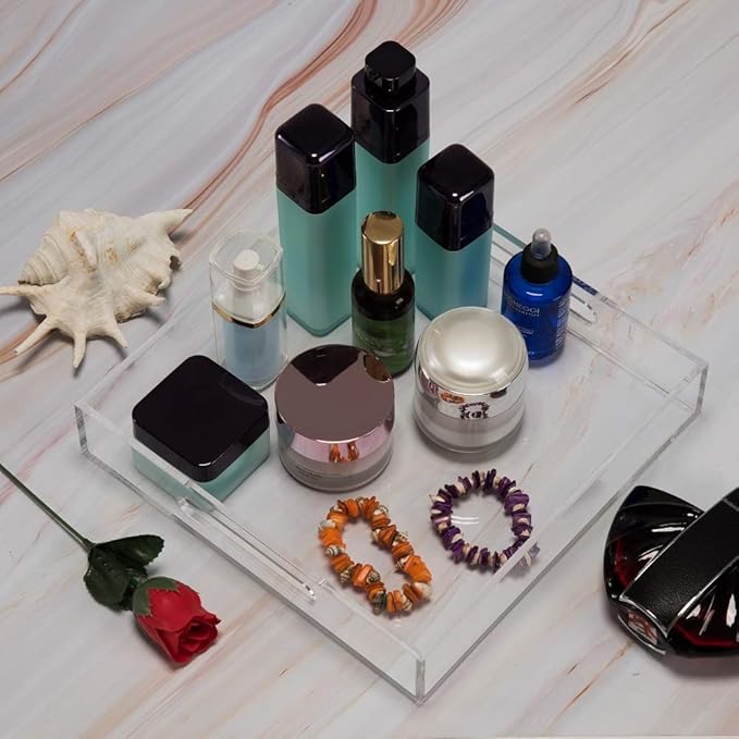 Clear Sturdy Acrylic Serving Tray with Handles - 10x10Inch - Coffee, Appetizer, Breakfast, Butler Tray - Kitchen Countertop & Vanity Table Organizer-NeatNest