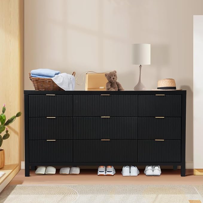 9 Drawer Dresser Cabinet, Long Nightstand with Drawers and Storage Cabinet, Solid Wood Dresser TV Stand, Mid Century Modern Nightstand with 9 Drawer Side Table for Bedroom Closet (Black)