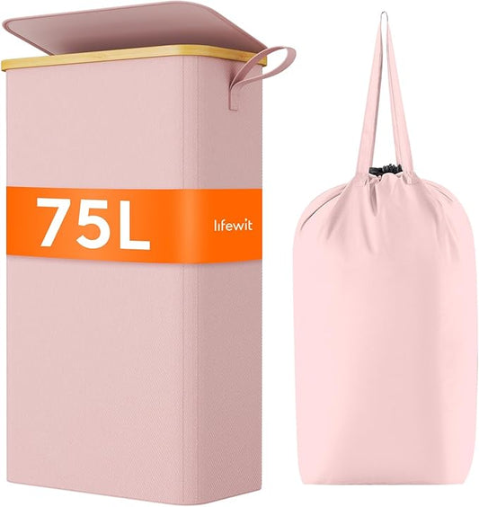 Lifewit 75L Slim Laundry Hamper with Lid, Narrow Laundry Basket with Removable Bag & Bamboo Handles, Fodable Thin Dirty Clothes Hamper for Laundry Collapsible Bin for Bathroom Bedroom Dorm, Pink-NeatNest