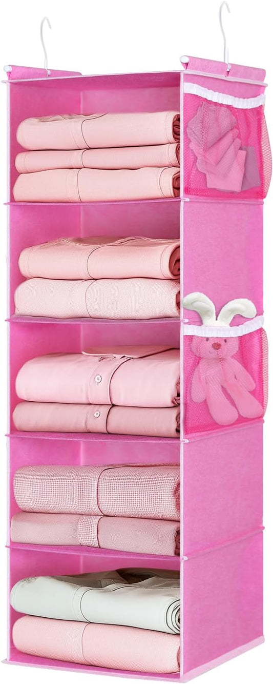MAX Houser 5-Shelf Hanging Closet Organizer, Hanging Storage Shelves with 4 Side Pockets Space-Saving for Bedroom, Foldable (Pink)-NeatNest