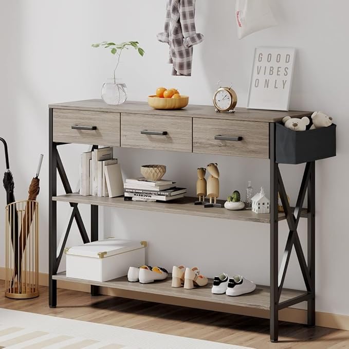 Gizoon 47" Entryway Table with 3 Drawers and 3 Tier Storage Shelves, Industrial Narrow Long Sofa Table, Farmhouse Style Console Table for Living Room, Hallway, Couch, Small Spaces - Grey-NeatNest