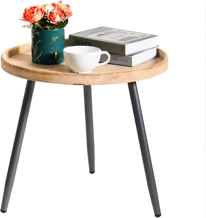 LITA Log Desktop Round Side End Table, Nightstand Tables, Indoor Outdoor Round Side Table, Wooden Tray Table with Black Metal Stand End Table for Living Room Bedroom Office Small Spaces (L)