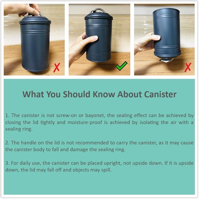 Airtight Kitchen Canister with Lid, Rustic Farmhouse Decor Container for Dry Food Sugar Coffee Tea, Charcoal Gray Metal Countertop Storage Jar (7.87''H x 4.3''Dia.)