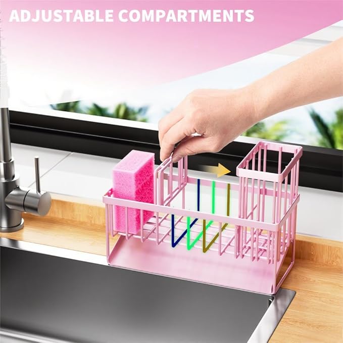 Cisily Pink Kitchen Sink Caddy Organzier with High Brush Holder, Sponge Holder for Sink, 304 Rustproof Stainless, Kitchen Countertop Soap Dispenser Organizer-NeatNest