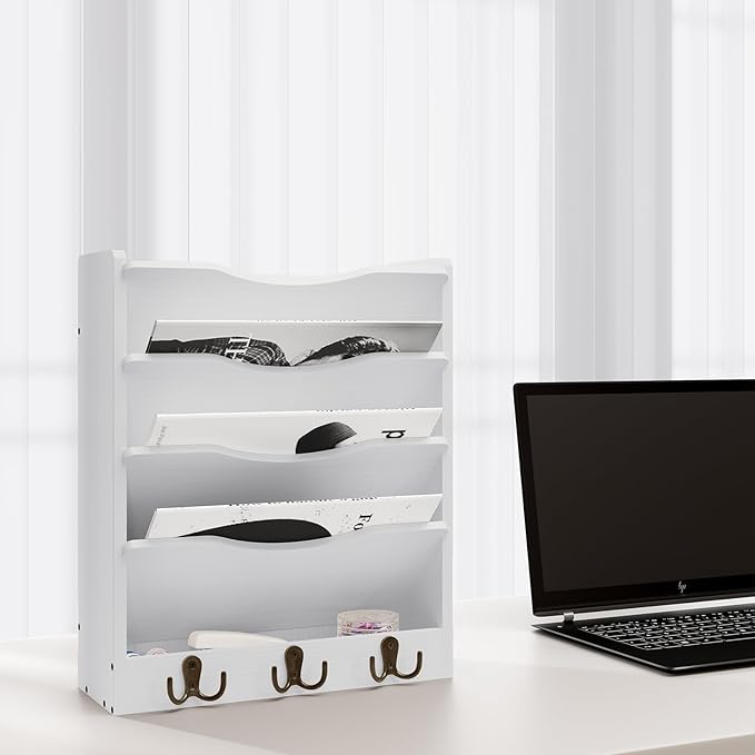 5 Tier Hanging Wall File Holders Letter Size Wall File Organizer Wood Mail Organizer with 6 Hooks, White