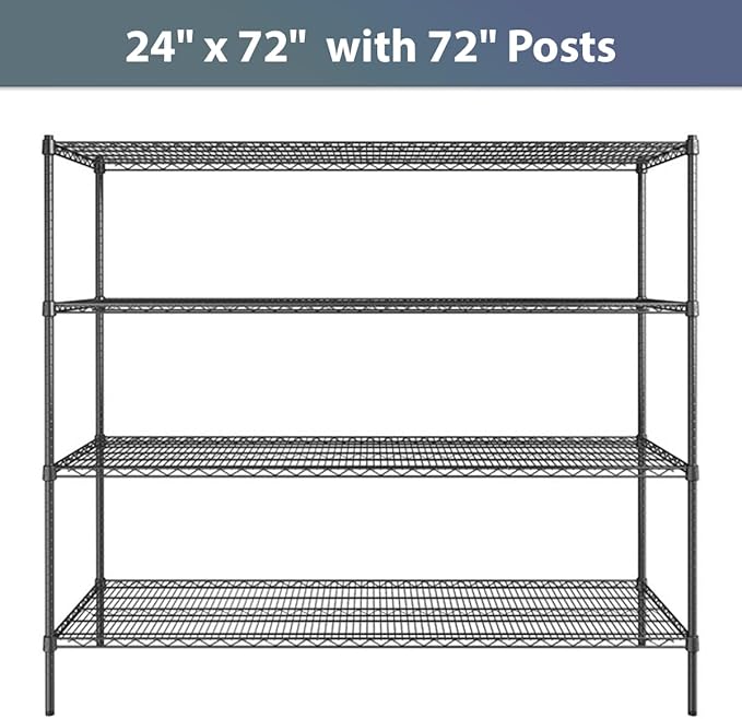 24" x 72" NSF Black Epoxy 4-Shelf Kit with 72" Posts, Commercial Storage Rack Unit, Heavy Duty Storage Shelving, Wire Shelving Kit, Adjustable Rack Strong Steel, Multipurpose Wire Shelf