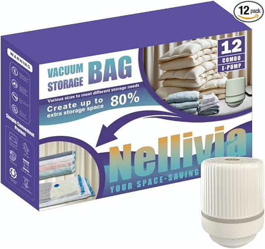 12 Pack Vacuum Storage Bags with Electric Pump, Compression Space Saver for Comforters, Bedding, Blanket Storage, Vacuum Seal Bags for Clothing, Luggage and Closet Organizer,-NeatNest
