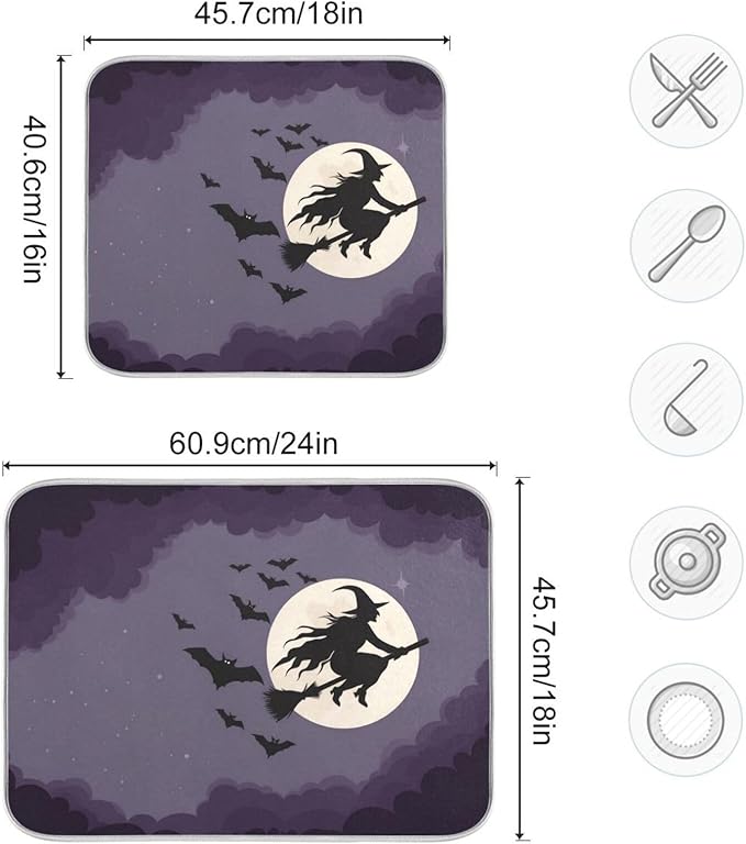 Halloween Flying Witch Drying Matt Absorbent Kitchen Mat Dishes Drying Mat Xl 18 x 24 Dish Drainer Mat for Kitchen Counter Dish Drying Matt