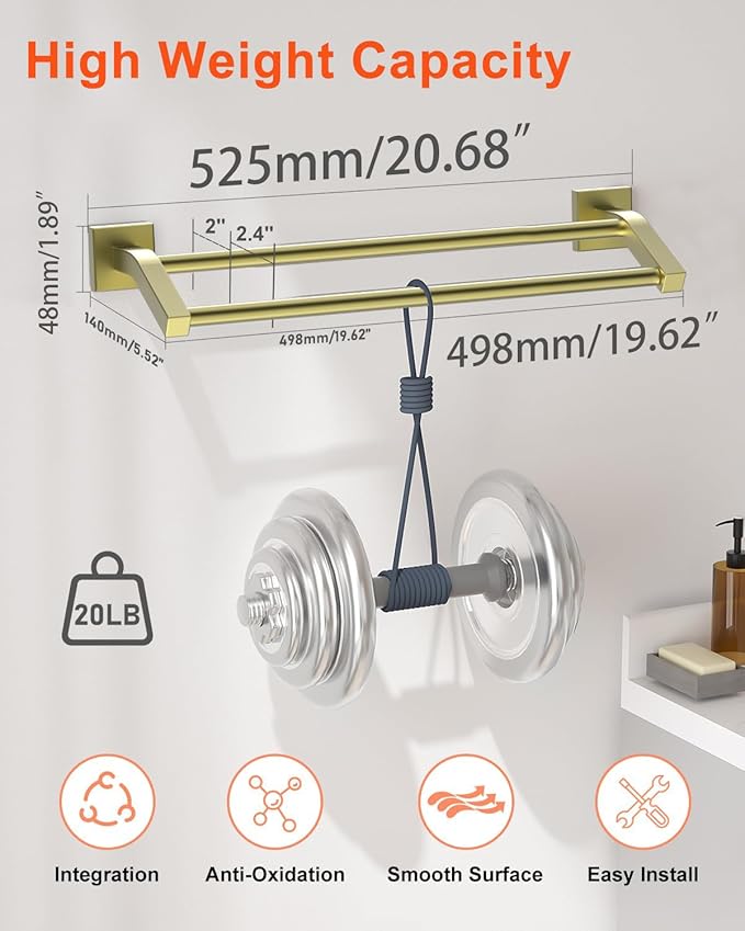 Alise Bath Double Towel Bars Towel Racks for Bathroom Lavatory,Wall Mount Towel Holder Heavy Duty SUS304 Stainless Steel Towel Hanger Towel Rail,Gold Finish,20 Inch