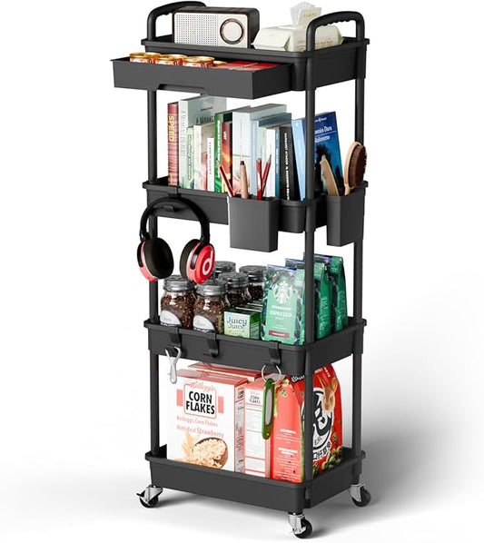 4 Tier Rolling Cart Organizer,Art Craft Diaper Bedside Snack Laundry Room Bathroom Organizer Narrow Thin Slim Rolling Trolley Utility Cart with Wheels for Kitchen,Office(Black)-NeatNest