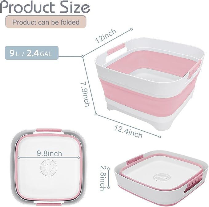 2.4 Gal Collapsible Wash Basin with Drain Plug, Space-Saving Portable Wash Tub, 9L Dish Pan for Soaking Baby Bottles and Pump Parts, Versatile Dish tub for Kitchen, RV, Outdoor Camping Sink (Pink)-NeatNest